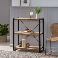 Brinkley Modern Industrial Handcrafted 3 Shelf Mango Wood Shelving Unit Natural/Black - Christopher Knight Home