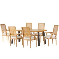 7pc Chatau Farmhouse Fabric Upholstered Wood And Cane Dining Set - Christopher Knight Home -Christopher Knight Home GUEST 7583eeb0 54f9 4b3b a8bc e7d6098bf326