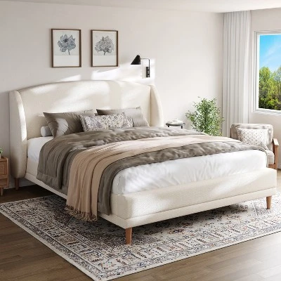 Christopher Knight Home Nicky Boucle Upholstered Platform Bed With Wingback Headboard, White 3 Christopher Knight Home Nicky Boucle Upholstered Platform Bed With Wingback Headboard, White