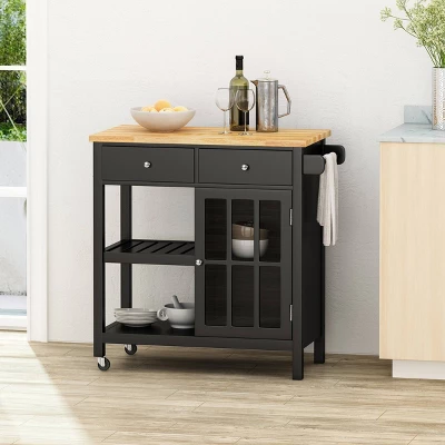 Byway Contemporary Kitchen Cart With Wheels Black/Natural - Christopher Knight Home 3 Byway Contemporary Kitchen Cart With Wheels Black/Natural - Christopher Knight Home