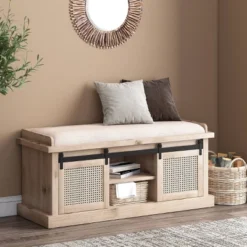 Niemi Rustic Storage Bench With Cushion Beige/ Natural/Black - Christopher Knight Home